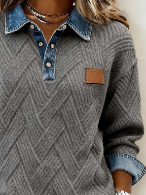 Winter Damen Sweatshirt grau mit Denim-Kragen Color Blocking