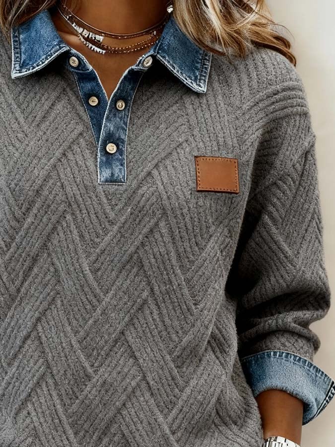 Winter Damen Strickpullover Grau mit Denim Kragen Cozy Chic