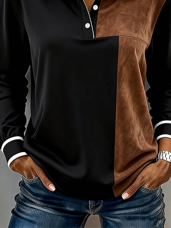 Damen Winter Colorblock Bluse Schwarz Karamell langarm warm