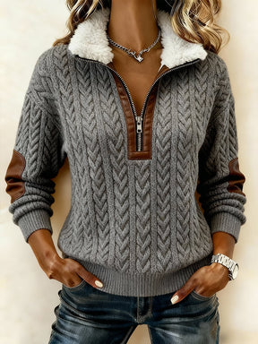 Damen Winter Half-Zip Strickpullover mit Teddykragen Cream