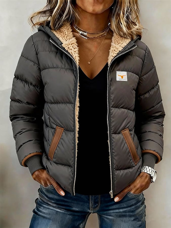 Damen Winter Steppjacke mit Teddyfutter Kapuze Grau Casual