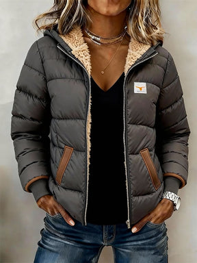 Damen Winter Steppjacke mit Teddyfutter Kapuze Grau Casual