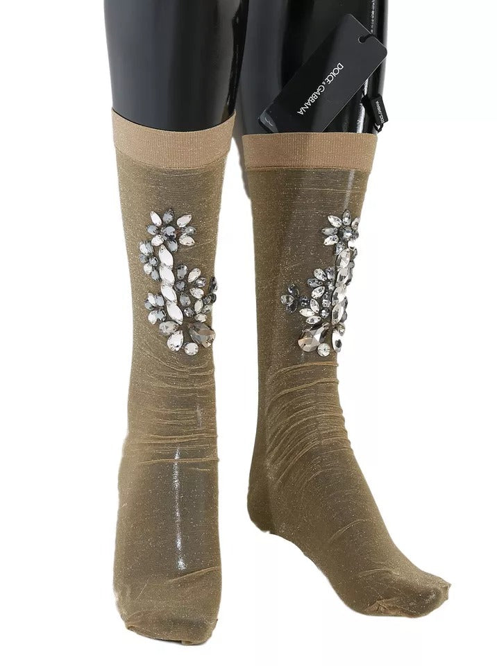 Dolce & Gabbana Gold Stretch Floral Klarer Kristall Strumpf Socken