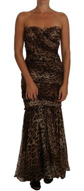 Dolce & Gabbana Braunes Leopard Seidenchiffon gerafftes Meerjungfrau-Maxikleid
