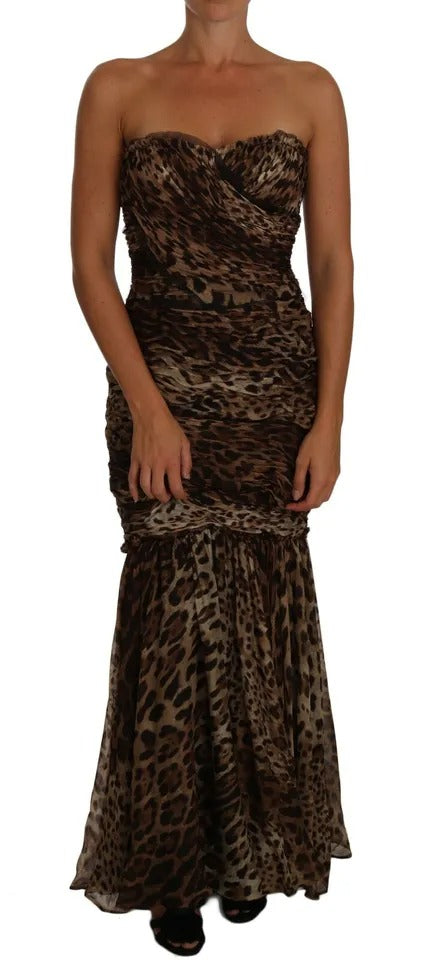 Dolce & Gabbana Braunes Leopard Seidenchiffon gerafftes Meerjungfrau-Maxikleid