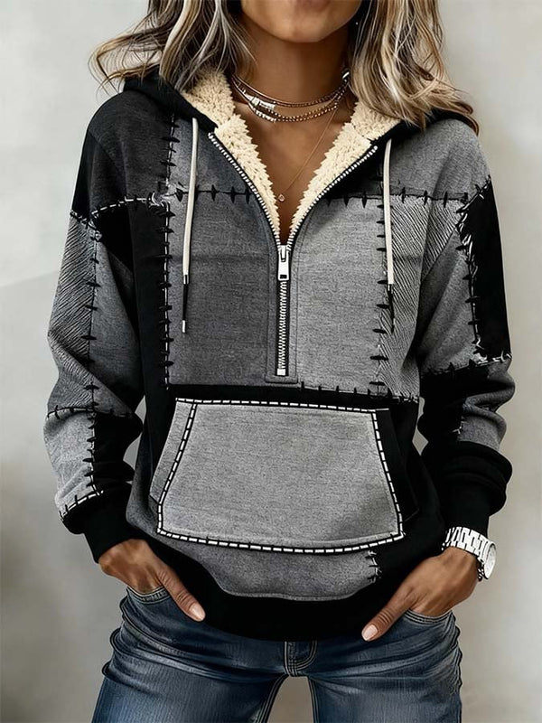 Sherpa Hoodie Winter Warm Patchwork Grau Schwarz Damen
