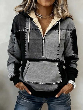 Sherpa Hoodie Winter Warm Patchwork Grau Schwarz Damen