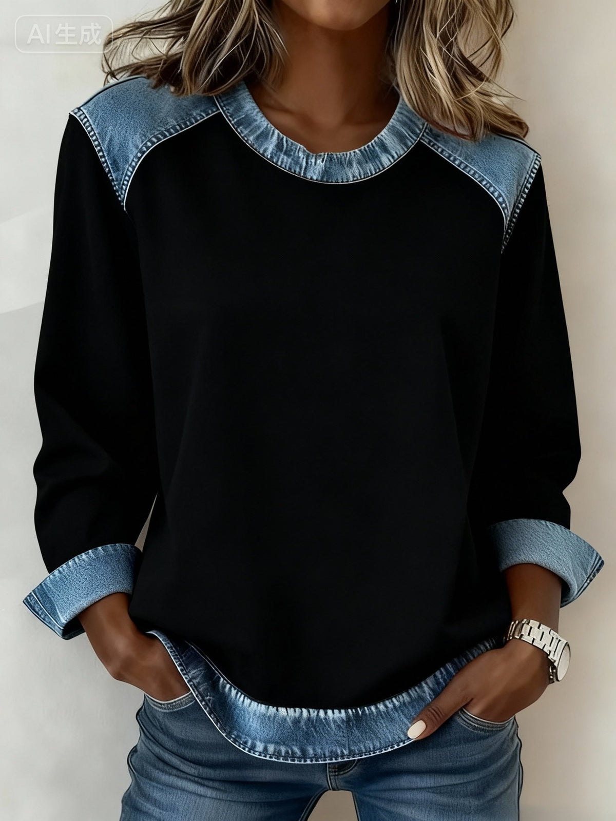 Winter Damen Pullover schwarz mit Denim & Weihnachtsbrosche