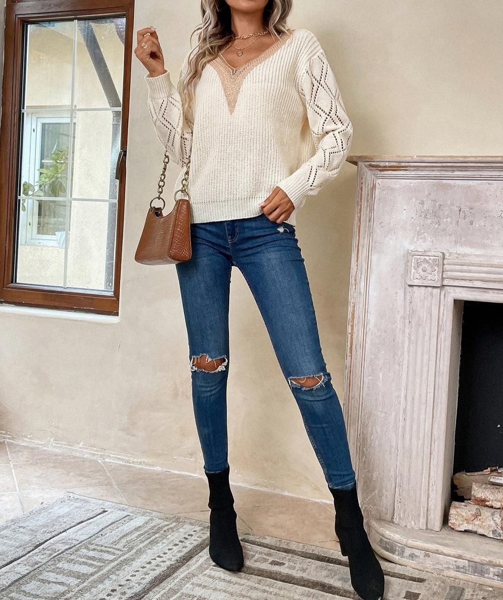 Herbstlicher Chic: Warmer Rib Knit V-Neck Sweater in Farbblock-Optik