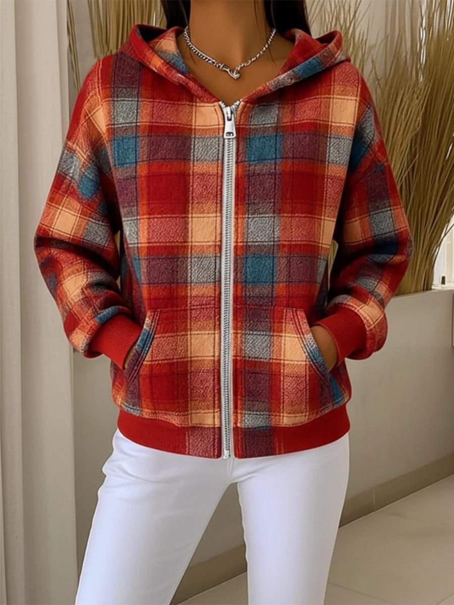 Winter Chic Showy Check Zip Front Hoodie - Warm, Stylisch & Vielseitig
