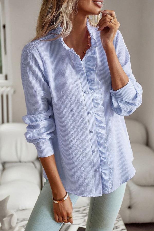 Hellblaues Winter Longsleeve Blusenshirt mit Rüschen
