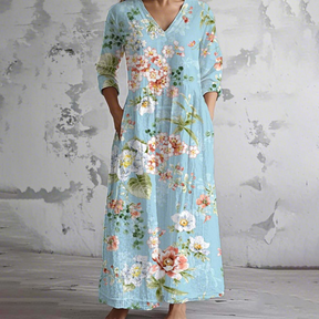 Blue V-Neck Floral Print Maxi Dress: Frühlingszauber in Eleganz & Komfort