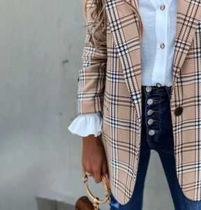 Khaki Karo Blazer Mantel – warmer Winter Long Jacket Damen