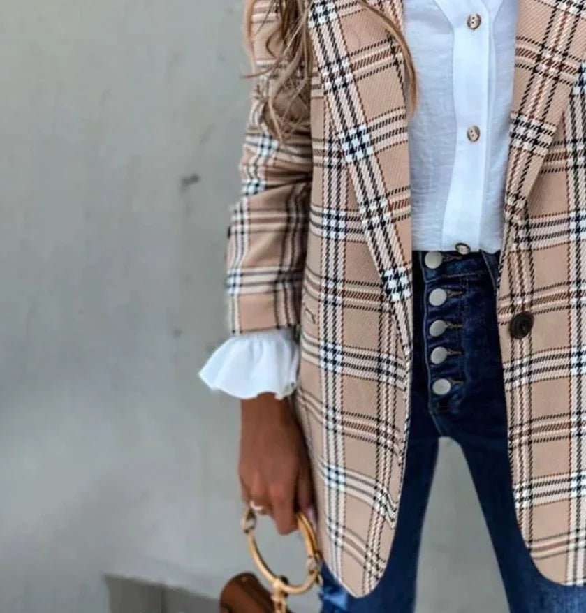 Khaki Karo Blazer Mantel – warmer Winter Long Jacket Damen