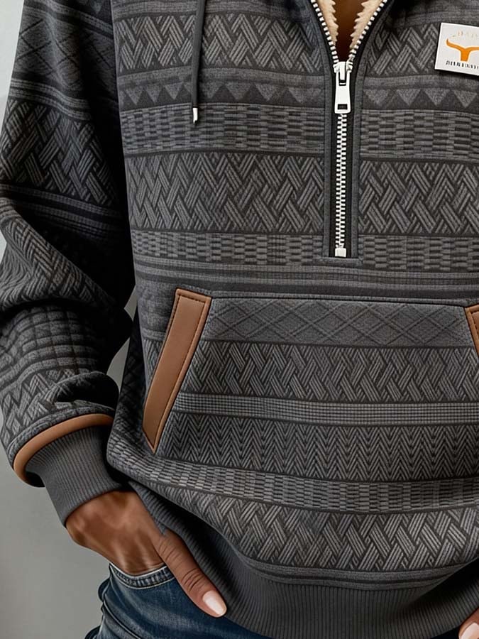 Kuscheliger Winter Hoodie mit Ethno-Muster und Kängurutasche