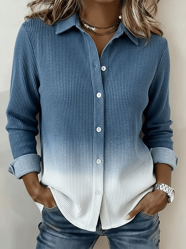 Winter Ombré Bluse Damen Blau-Weiß, Warm & Lässig S–5XL