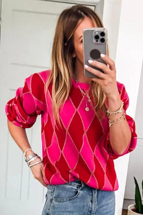 Winter-Luxus: Sweet Pink Argyle Geometric Crewneck Sweater für stilvolle Wärme