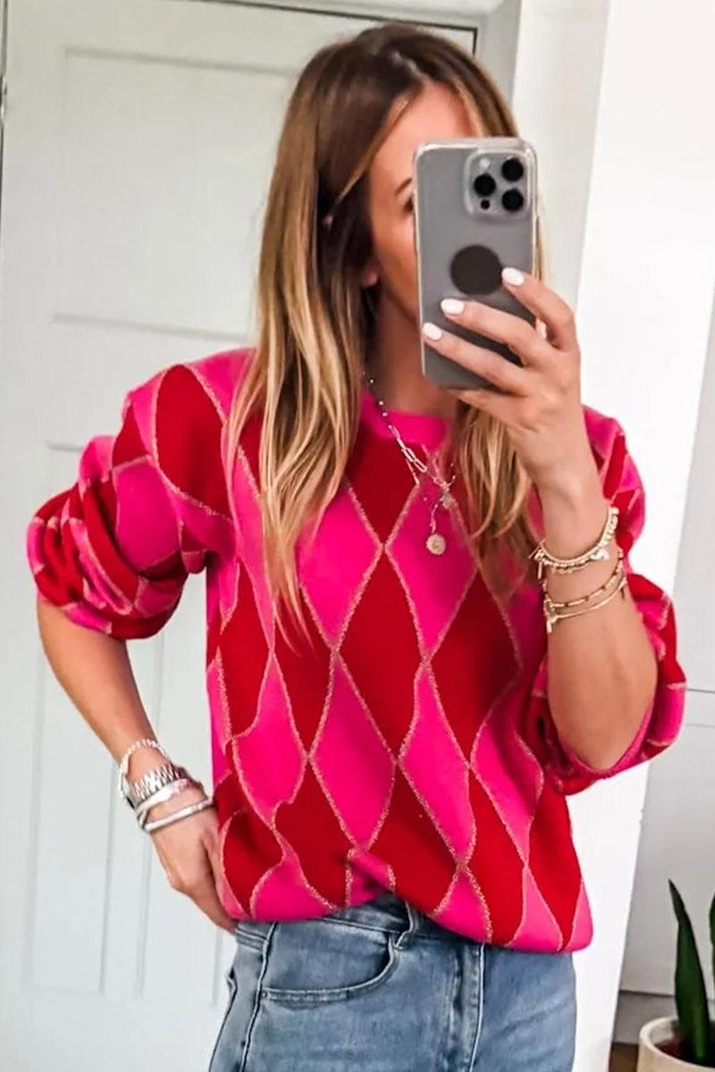 Winter-Luxus: Sweet Pink Argyle Geometric Crewneck Sweater für stilvolle Wärme