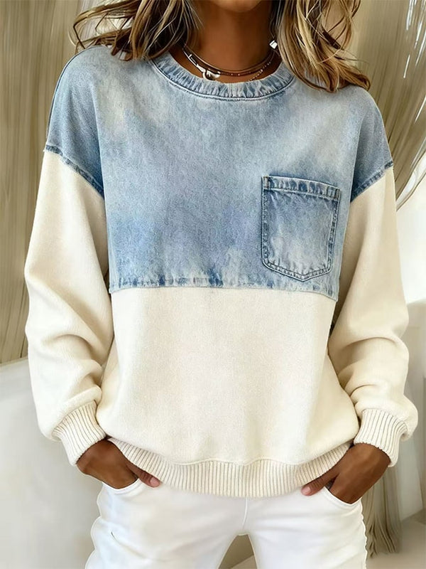 Winter Sweatshirt Creme mit Denim Colorblock warm & cozy