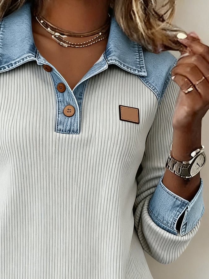 Damen Winter Pullover mit Denim-Kragen, warm und stylisch