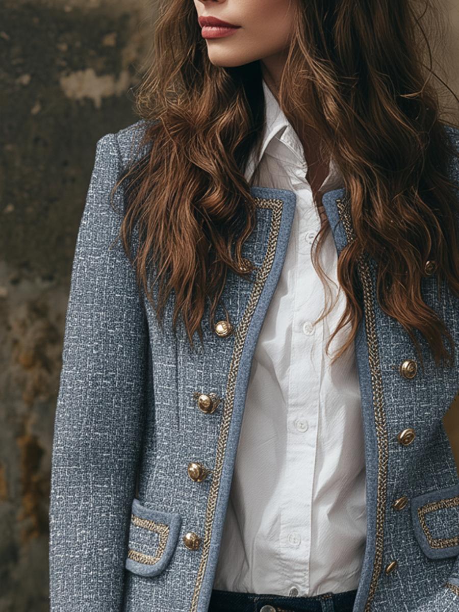 Herbstlicher Blue Tweed Double-Breasted Blazer - Luxus trifft Komfort