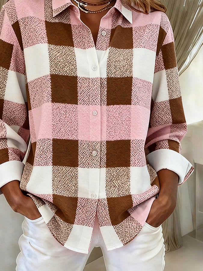 Kariertes Winter Damen Hemd rosa braun locker und warm