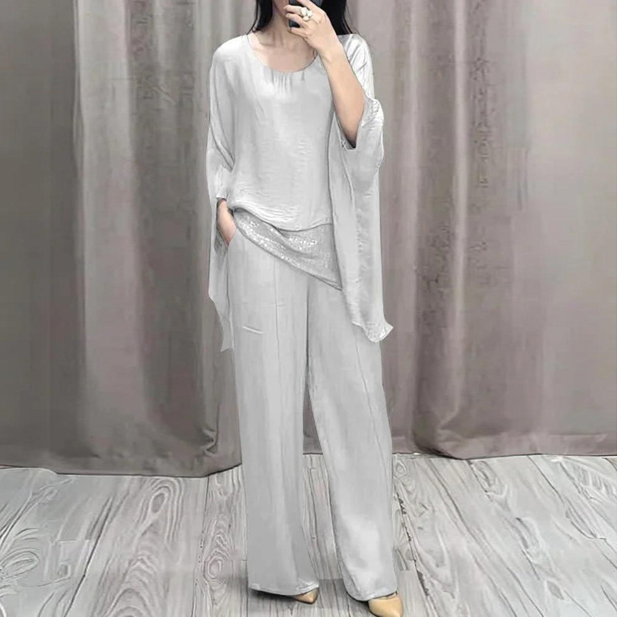 Silver Plain Scoop Neck Two Piece Set - Eleganz & Komfort für den Herbst