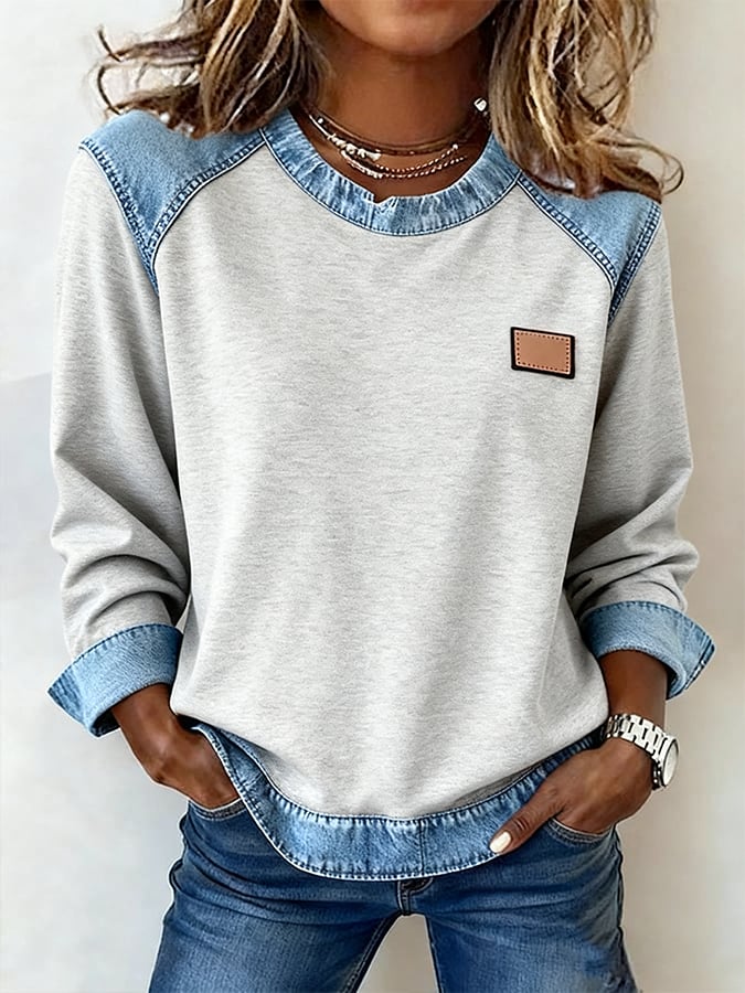 Warmer Damen Winterpullover grau mit Denim Patchwork