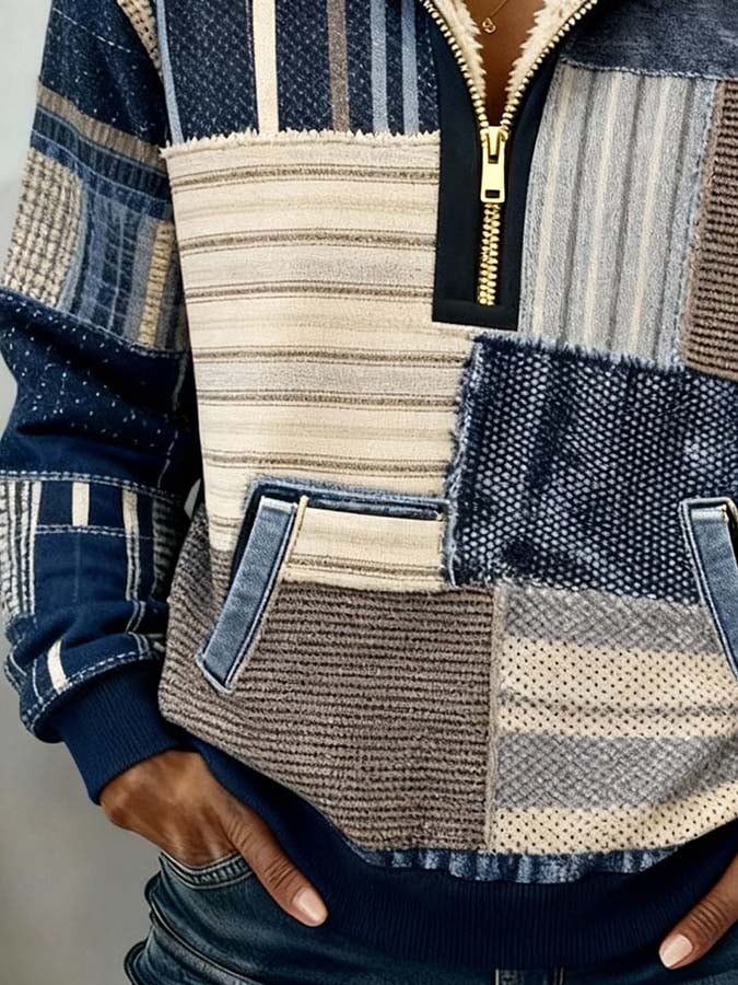 Kuscheliger Winter Hoodie Patchwork Blau Beige mit Teddyfutter