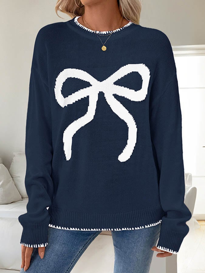 Winter Damen Pullover creme mit roter Schleife festlich warm