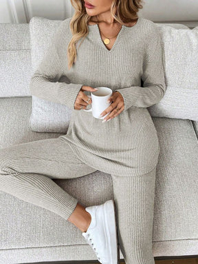 Grey Plain V-Neck Two Piece Set - Dein vielseitiges Herbsts-Must-Have