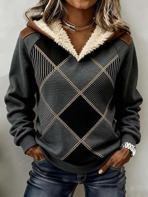 Damen Winter Pullover Hoodie Colorblock Teddyfutter warm