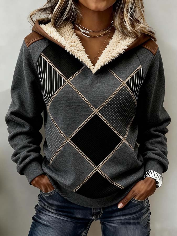 Damen Winter Pullover Hoodie Colorblock Teddyfutter warm