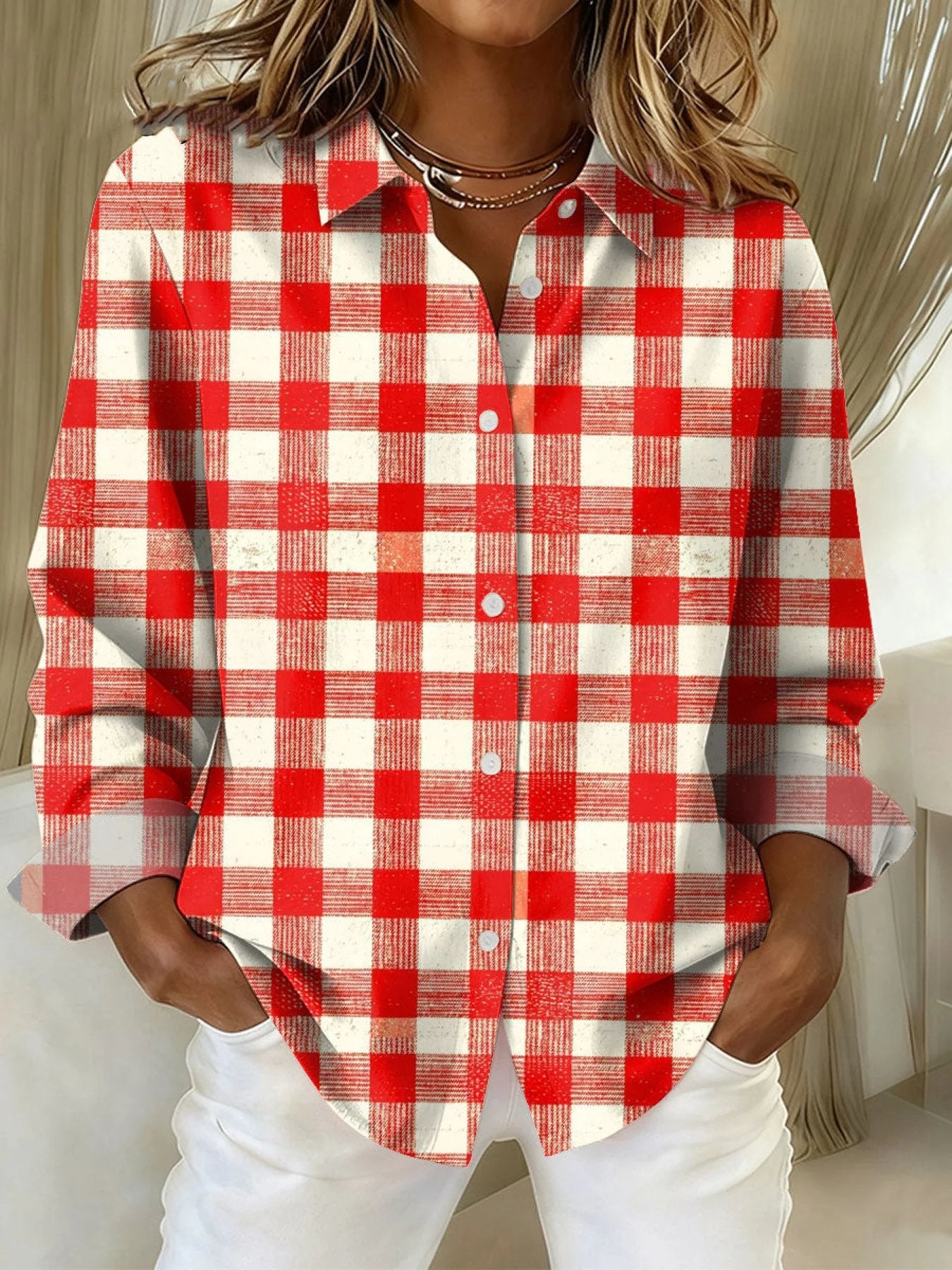 Winter Karohemd Damen rot weiß – warmes Casual Shirt