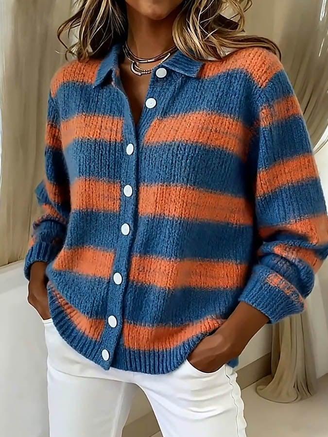 Winter Cardigan Blau Orange gestreift – warm & stylisch