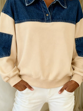 Kuscheliger Winter Damen Pullover mit Denim Patchwork Kragen