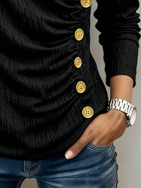 Schwarzes Winter Off-Shoulder Top mit Goldknöpfen warm & chic