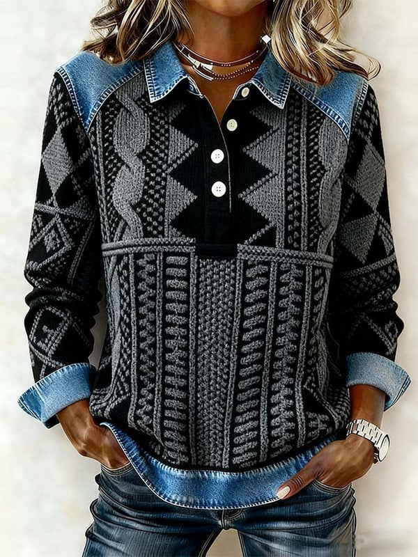 Damen Winter Pullover Ethno Patchwork mit Jeanskragen Warm