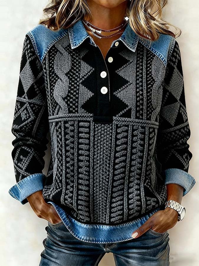 Damen Winter Pullover Ethno Patchwork mit Jeanskragen Warm