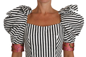 Dolce & Gabbana Weiß Schwarz Gestreiftes Cropped Top Puffärmel Hemden