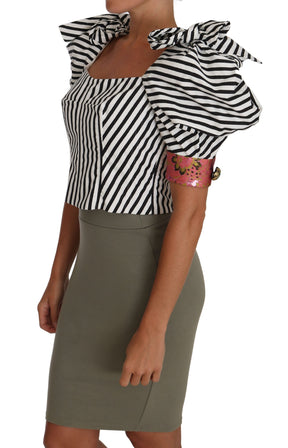 Dolce & Gabbana Weiß Schwarz Gestreiftes Cropped Top Puffärmel Hemden
