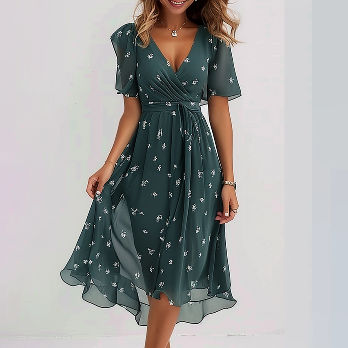 Herbsts-Charme: Groovy Kurzarm Midi-Kleid in Strahlendem Grün