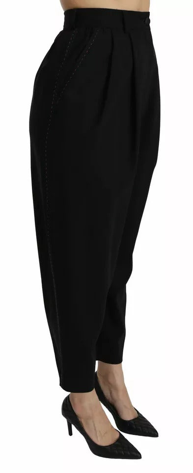 Dolce & Gabbana Schwarze Hose aus Wolle mit hoher Taille und Falten vorne