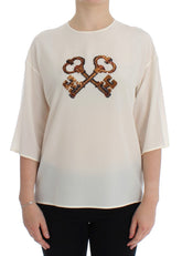 Dolce & Gabbana Weiße Pailletten-Schlüssel-Seidenbluse T-shirt Top