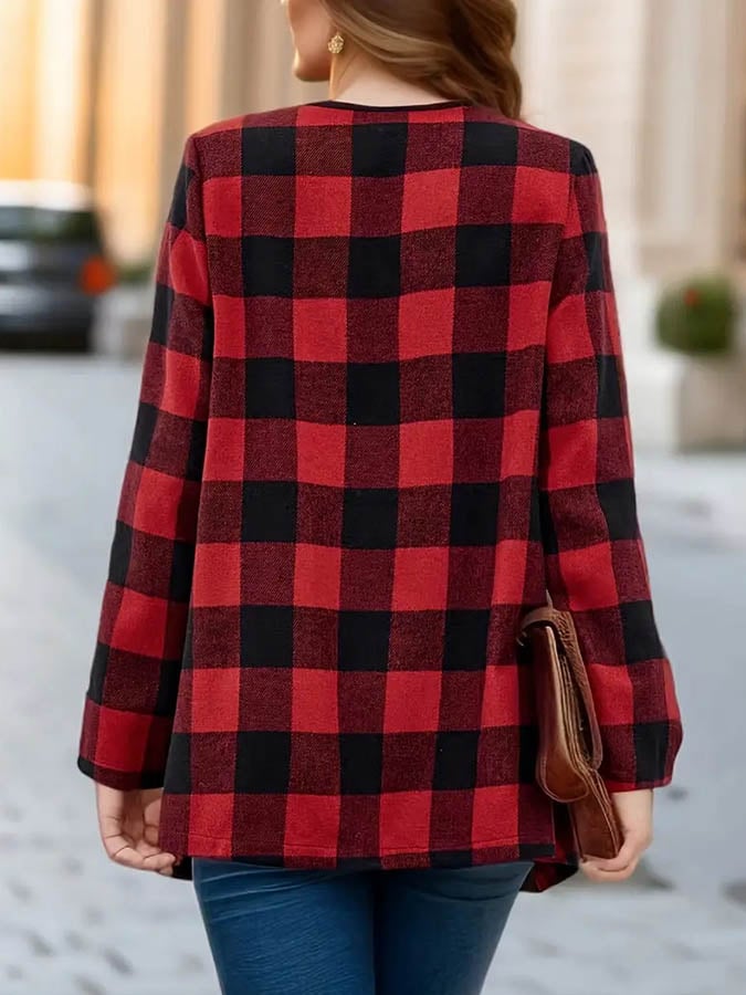 Damen Winter Karocardigan Rot Schwarz mit Waterfall-Front