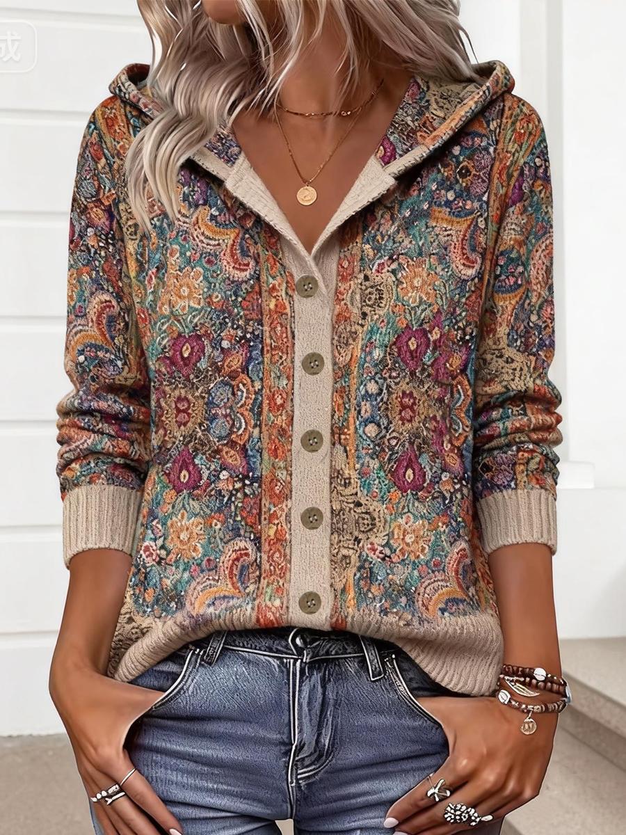 Boho Hoodie Cardigan Winter warm mit floralem Print
