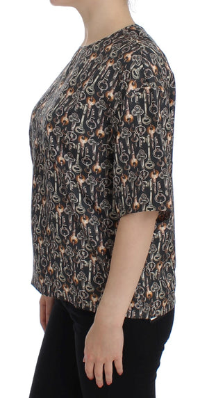 Dolce & Gabbana Graue Seidenbluse mit Goldschlüssel-Druck T-shirt