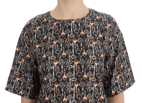 Dolce & Gabbana Graue Seidenbluse mit Goldschlüssel-Druck T-shirt