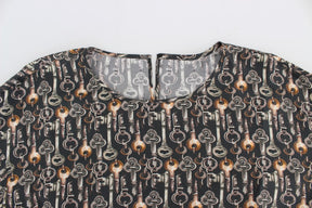 Dolce & Gabbana Graue Seidenbluse mit Goldschlüssel-Druck T-shirt