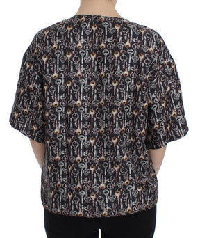Dolce & Gabbana Graue Seidenbluse mit Goldschlüssel-Druck T-shirt